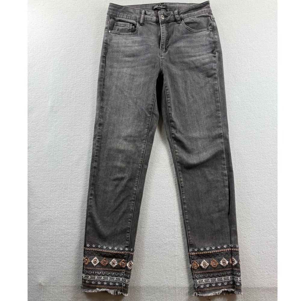 Charlie B Jeans Women 8 Gray Embroidered Hem Frayed Ankle Denim Boho Aztec